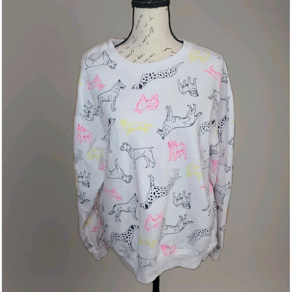 Wound Up‎ Dog Print Sweatshirt Womens Size L (11-13) White Graphic Dogs Pullover